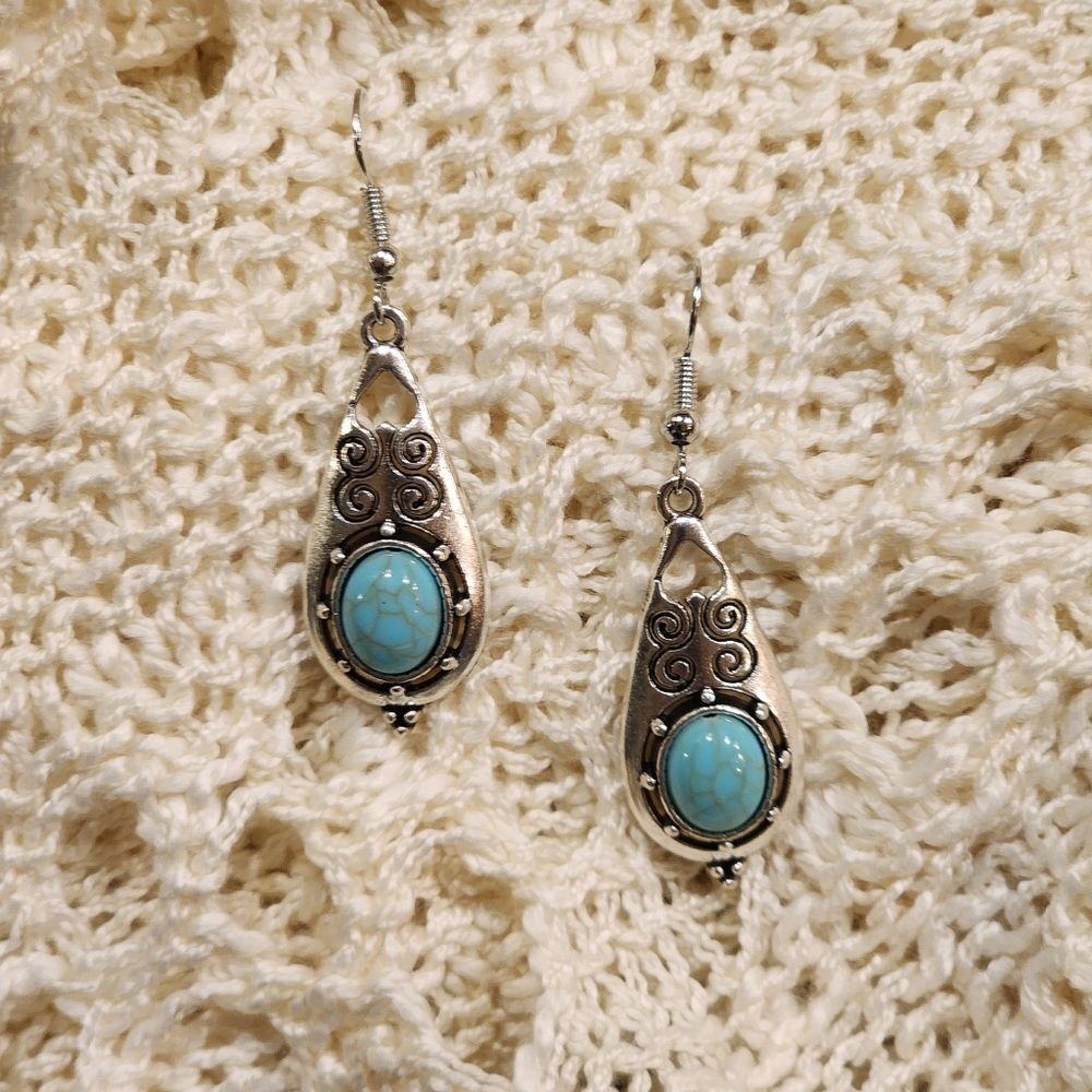 NEW Silver Toned and Faux Turquoise Teardrop Earrings